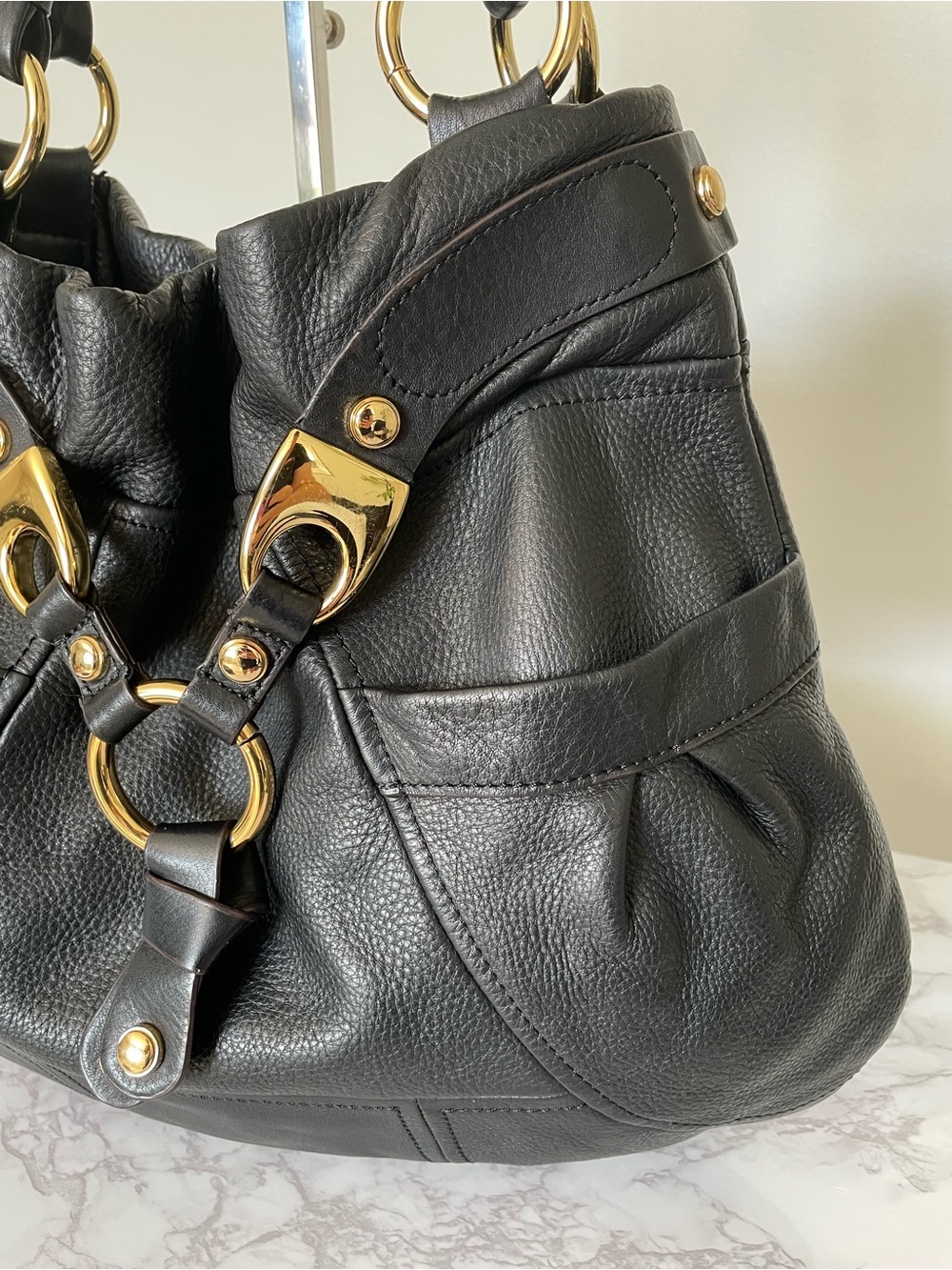 B. Makowsky Black Glove Leather Slouchy Hobo Shoulder Bag Gold Y2K Vintage - Picture 2 of 16